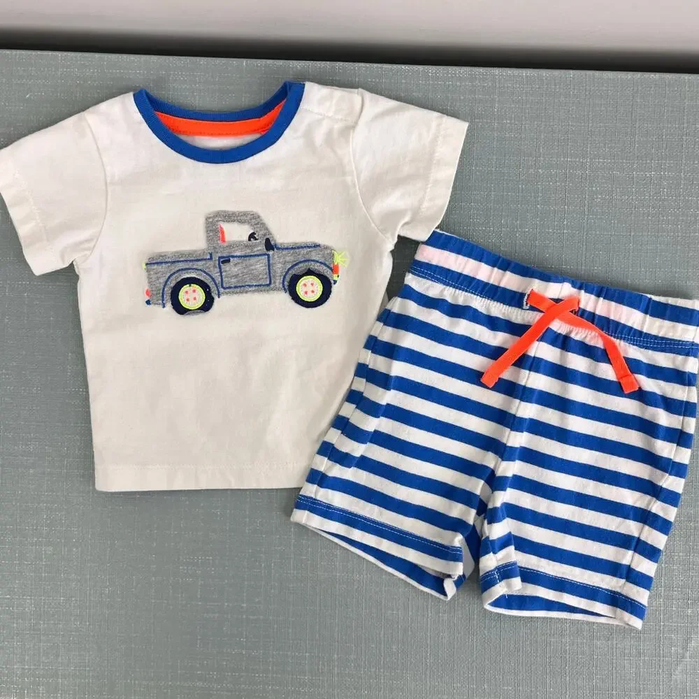 Mini Boden Jersey Short Set Blue Stripe Applique Truck 0-3 Months